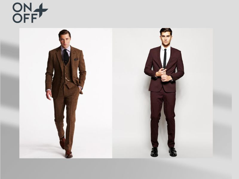 Người đàn ông mặc bộ suit màu nâu ton-sur-ton, bao gồm quần tây, áo vest và áo phông trắng bên trong, thể hiện sự lịch lãm