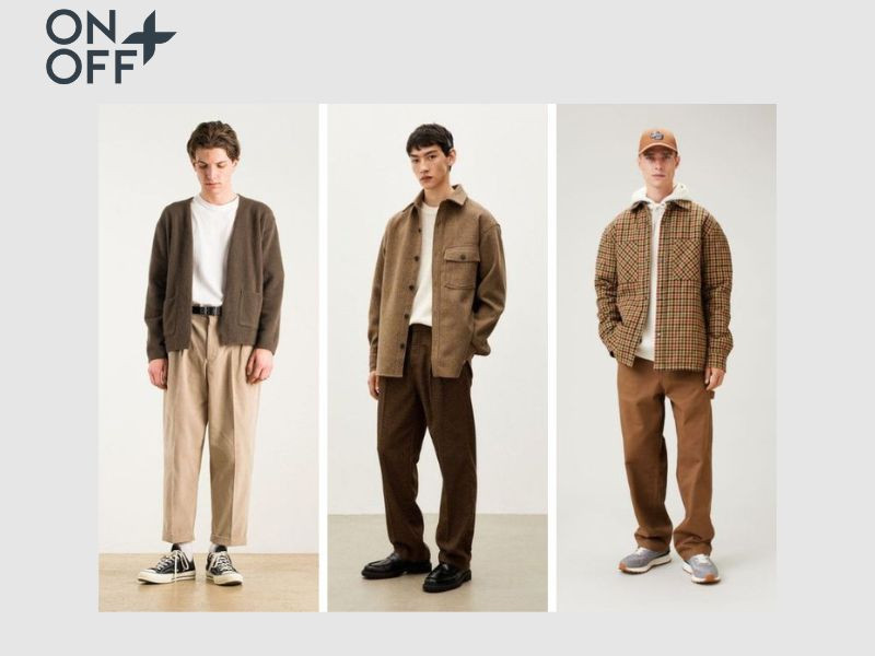 Người đàn ông mặc quần tây màu nâu, áo sơ mi trắng, áo khoác blazer màu be và giày tây, tạo phong cách lịch lãm, hiện đại