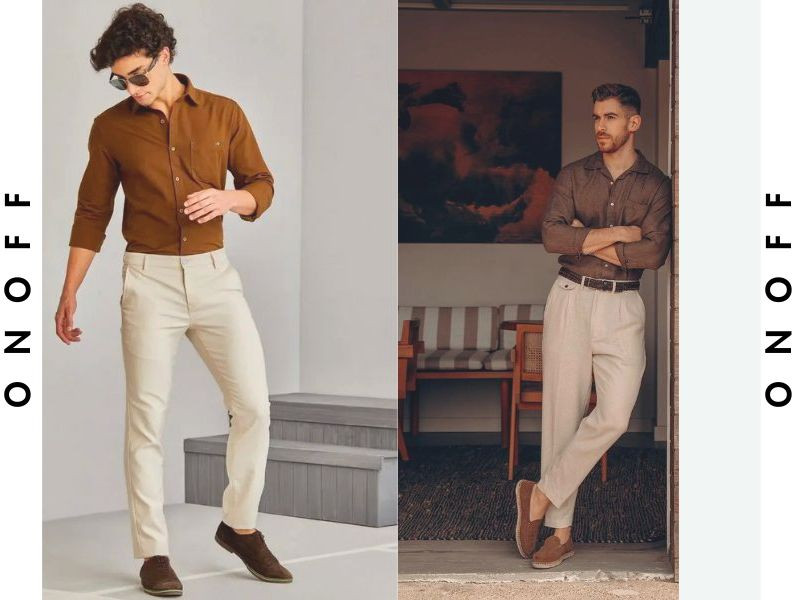 Người đàn ông mặc quần tây màu nâu và áo sơ mi trắng, thể hiện phong cách lịch lãm, giản dị