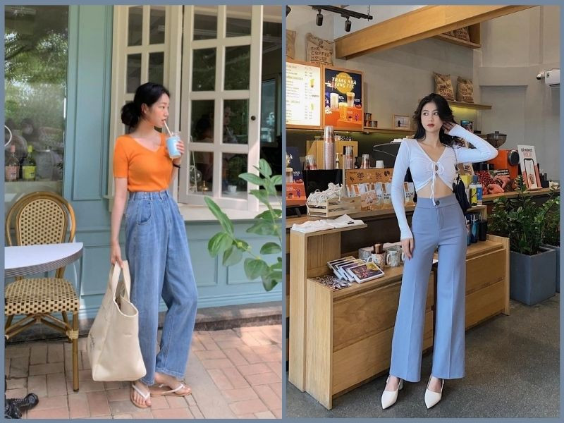 Người lùn nên ưu tiên chọn quần ống rộng cạp cao để tạo hiệu ứng chân dài