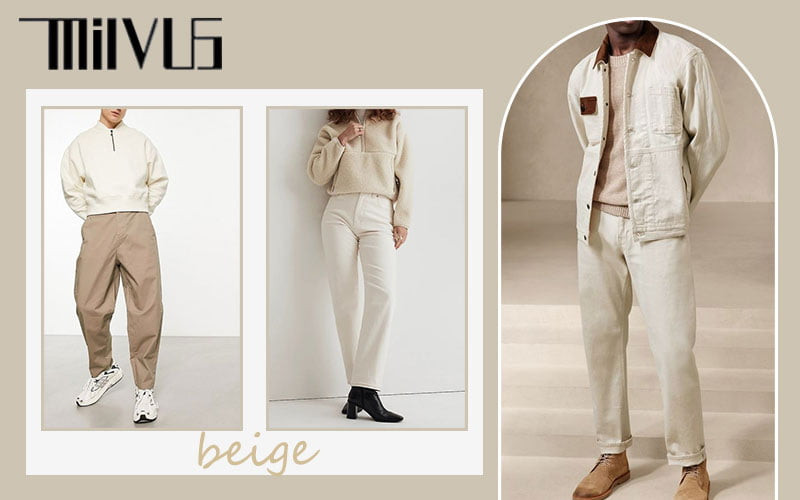 Người mẫu mặc áo len màu be và quần âu màu đen, thể hiện sự đa năng của gam màu be trung tính, phù hợp cho cả nam và nữ, tôn da hiệu quả khi tìm kiếm áo màu be mặc với quần gì.