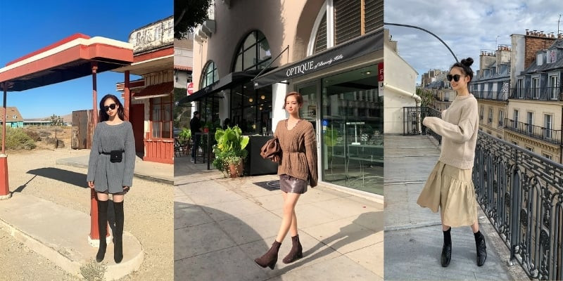 Người mẫu phối áo len rộng màu trắng với quần jean xanh, điểm nhấn là dây lưng bản to và kính mắt thời trang, hoàn thiện phong cách cá tính.