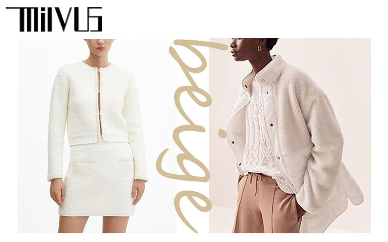 Người phụ nữ với mái tóc nâu diện áo len màu be nhạt, làm nổi bật làn da trắng, minh họa cách áo màu be tôn da và phù hợp với mọi tông màu da, gợi ý hữu ích khi tìm kiếm áo màu be mặc với quần gì.