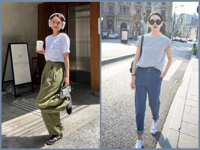 Nữ sinh thanh lịch mặc áo phông rộng trắng sơ vin với quần baggy kaki be