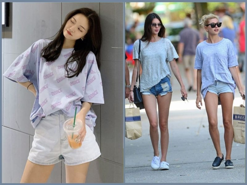 Nữ tính nhưng vẫn năng động với áo phông rộng màu be kết hợp quần short jean xanh và dép sandal, phù hợp cho ngày hè.
