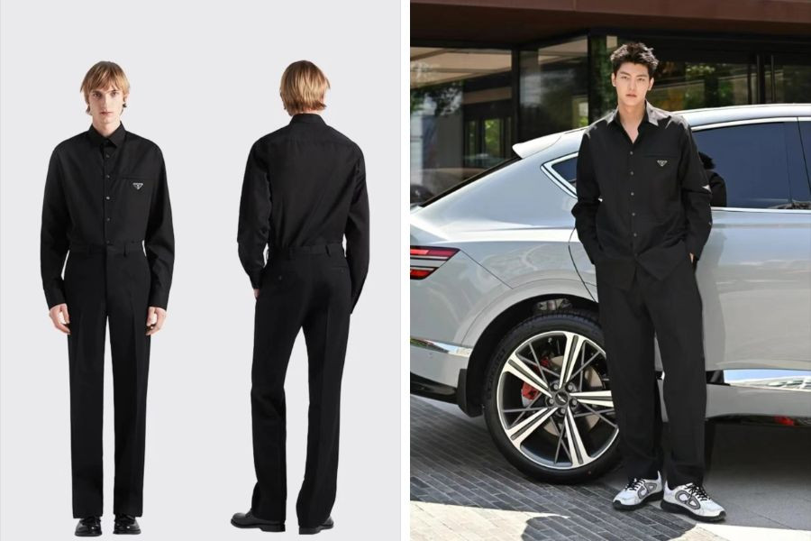 Outfit "cây đen" mạnh mẽ và bí ẩn: áo sơ mi đen tay dài, quần tây đen và giày da đen, toát lên vẻ cool ngầu, nam tính.