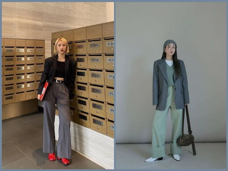 Outfit công sở hiện đại với quần vải ống suông và áo blazer màu trung tính, thể hiện sự thanh lịch và chuyên nghiệp.