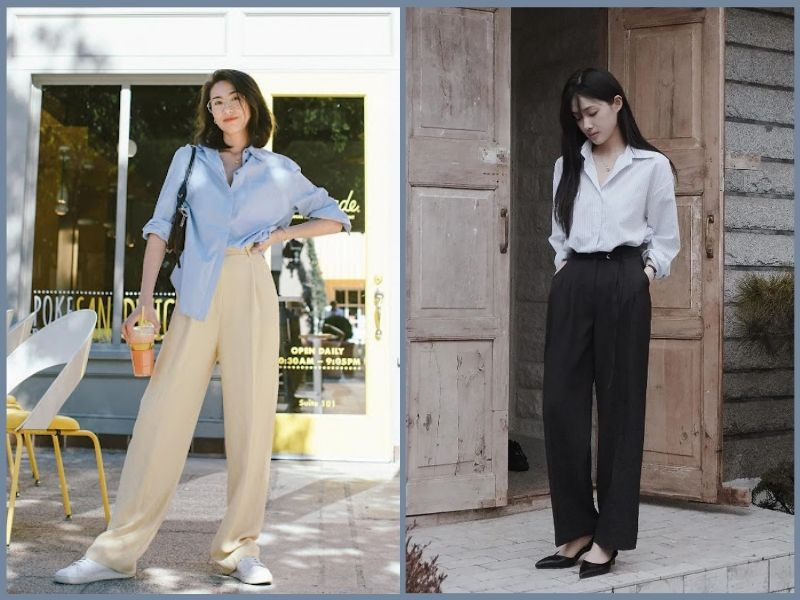 Outfit công sở thanh lịch với quần suông màu đen và áo sơ mi trắng, hoàn thiện vẻ ngoài chuyên nghiệp và hiện đại cho phái đẹp.