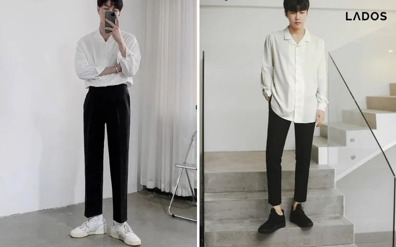 Phối áo sơ mi cổ vest cùng quần tây baggy nam cá tính và hiện đại