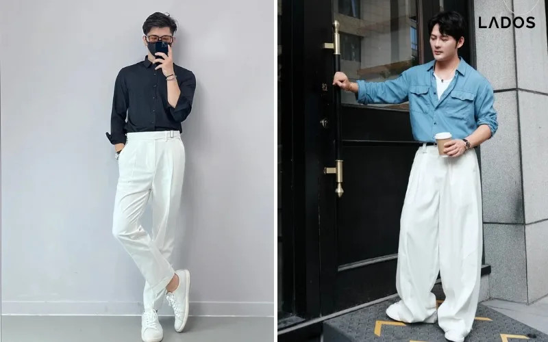 Phối áo sơ mi quần tây nam tương phản với áo trắng quần đen cổ điển và lịch lãm