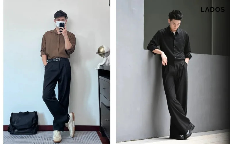 Phối áo sơ mi trắng oversize cùng quần tây nam ống rộng tạo phong cách dạo phố thoải mái