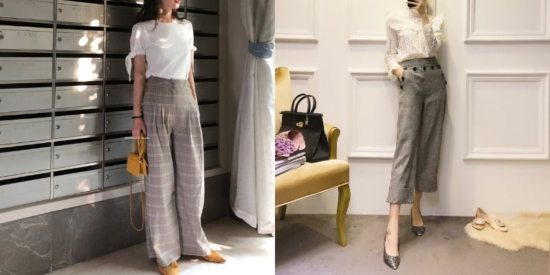 phối áo sơ mi trắng với quần caro đỏ ống rộng