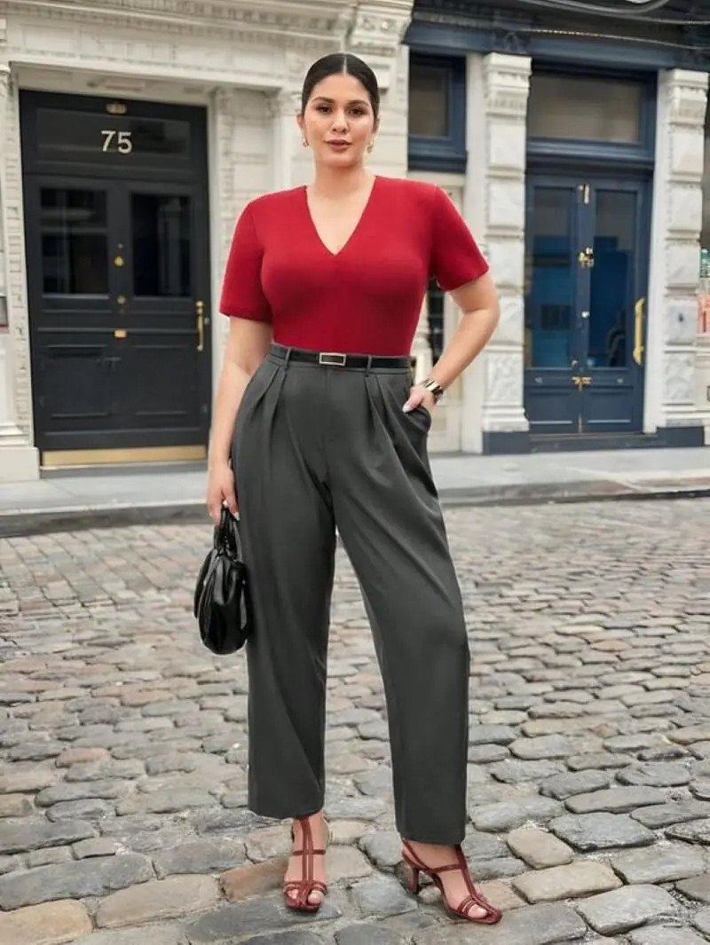 Phối áo thun đỏ với quần tây xám ống rộng, mang đến vẻ ngoài thanh lịch, thời thượng cho cô nàng công sở hoặc dạo phố.
