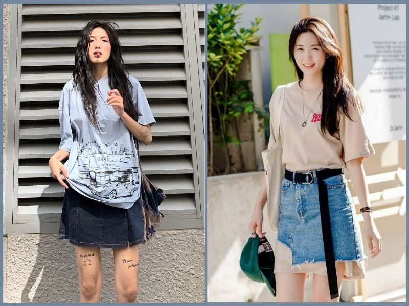 Phối áo thun rộng trắng cùng chân váy jean chữ A màu xanh denim, mang đến vẻ ngoài trẻ trung, năng động và sành điệu cho các bạn gái.