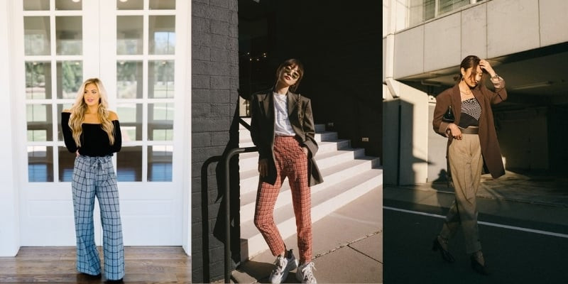 phối áo trễ vai trắng với quần caro đỏ ống rộng