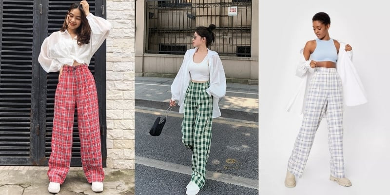 phối áo yếm với quần caro đỏ và khoác sơ mi bên ngoài