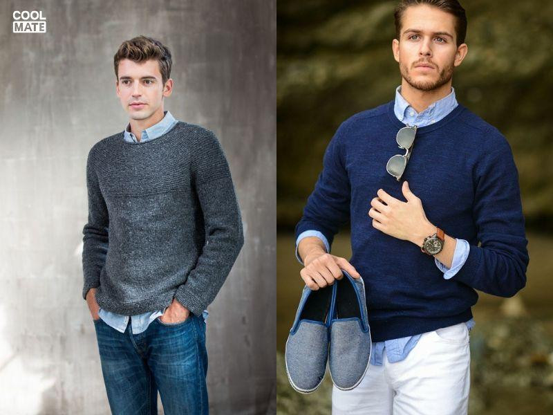 Phối đồ mùa đông ấm áp với áo sơ mi xanh dương mặc bên trong áo len cổ tròn màu xám, phong cách trẻ trung.