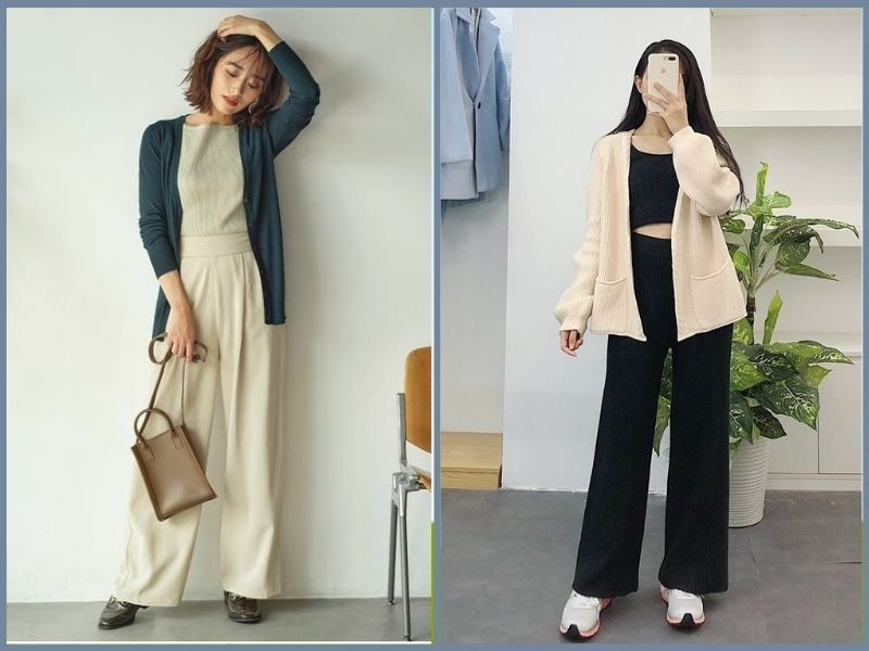 Phối đồ mùa thu với quần ống suông và áo khoác cardigan len mỏng, mang lại vẻ ngoài nhẹ nhàng, nữ tính và ấm áp.