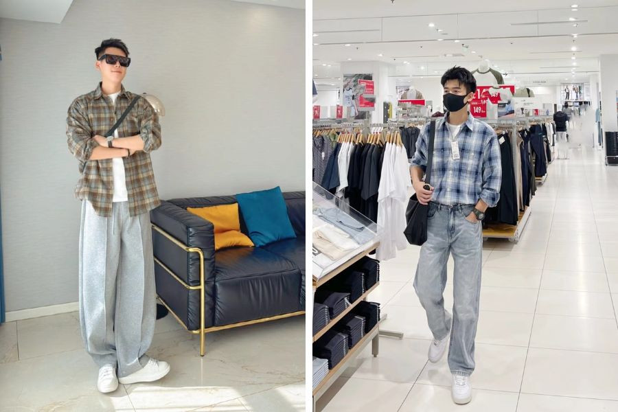 Phối đồ thường ngày với áo sơ mi caro cổ điển khoác ngoài áo thun trắng, kết hợp quần chinos màu be và giày thể thao năng động.