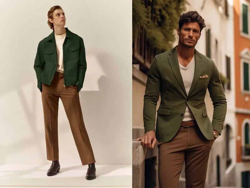Phối quần kaki màu nâu cùng áo sơ mi xanh lá, mang đến vẻ ngoài tươi mới, gần gũi với thiên nhiên.