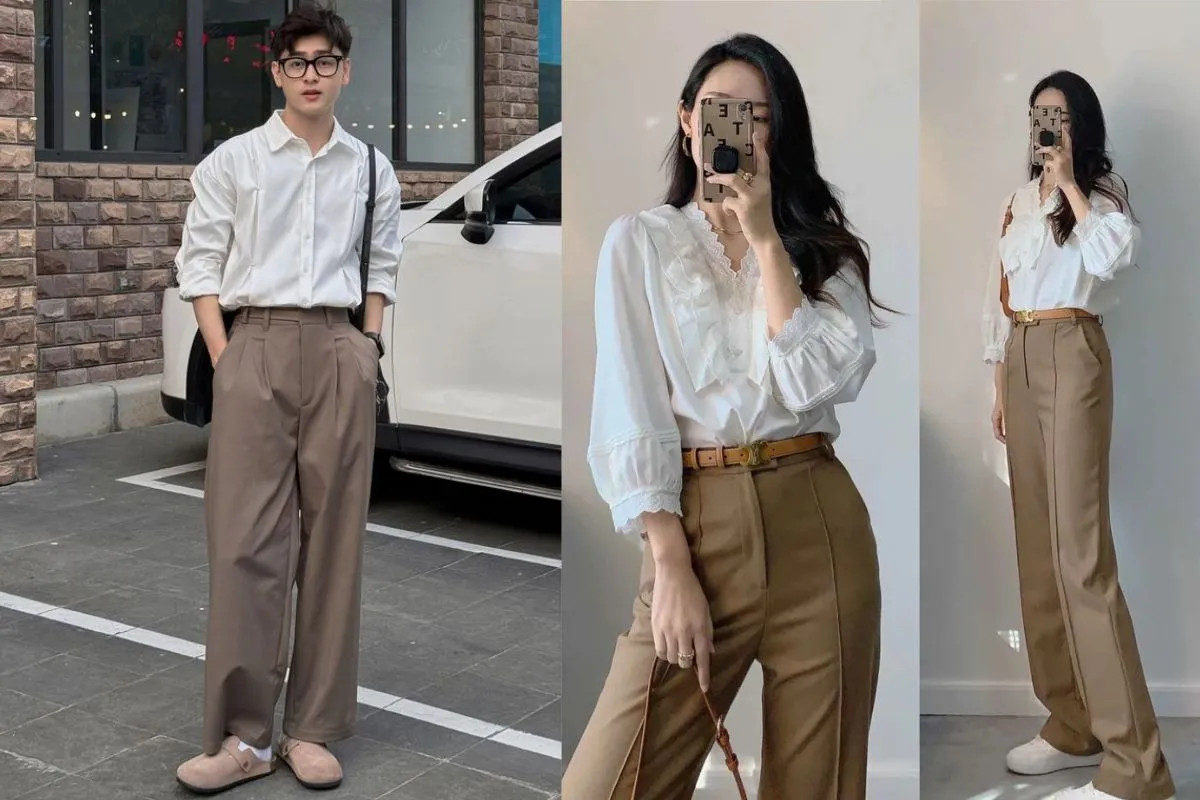 Phối quần kaki màu nâu nhạt với áo thun trắng cơ bản, tạo nên vẻ ngoài năng động và thanh lịch cho trang phục hàng ngày.