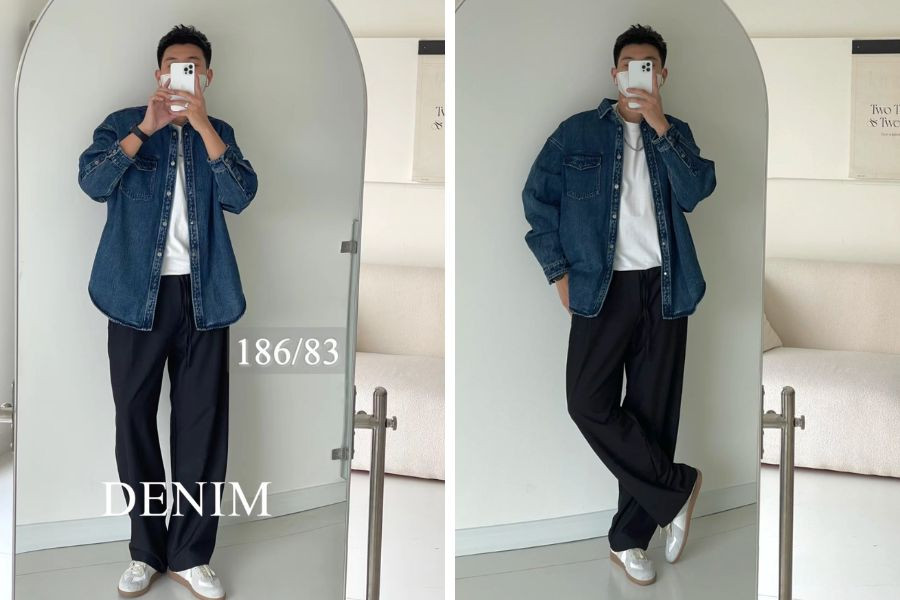 Phong cách casual năng động: áo sơ mi denim khoác ngoài áo thun trắng, kết hợp quần vải tối màu và giày sneaker.