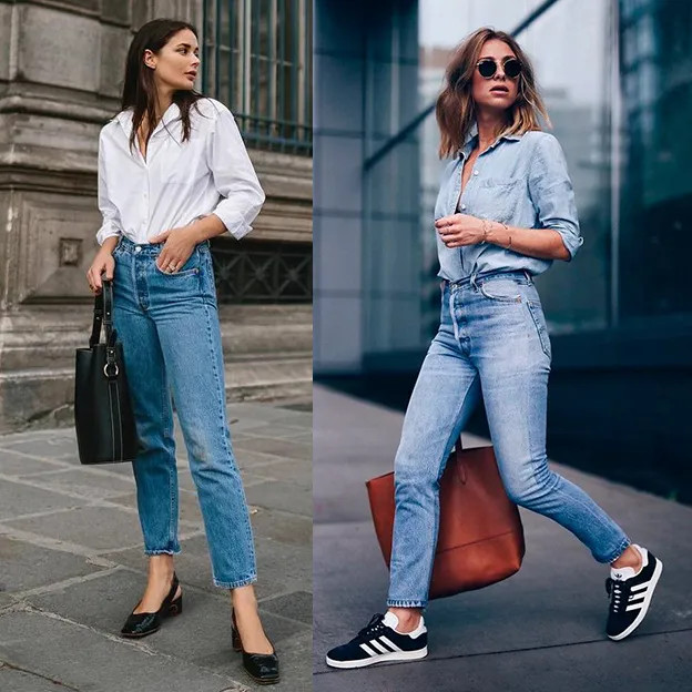 Phong cách denim-on-denim cá tính với áo sơ mi denim và quần jean rách nhẹ