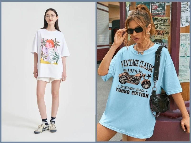 Phong cách "giấu quần" sành điệu: áo phông rộng kẻ ngang màu đen trắng kết hợp quần short và túi xách đen, tôn lên đôi chân dài.