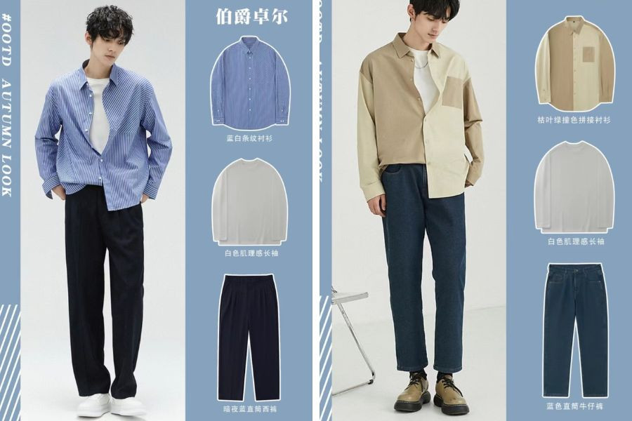 Phong cách layer ấm áp cho mùa thu: áo sơ mi xanh khoác ngoài áo thun trắng tay dài, phối cùng quần tối màu và giày sneaker.