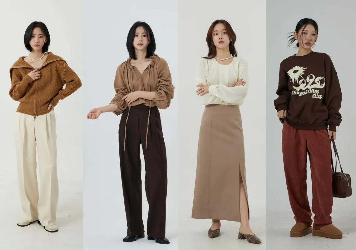 Phong cách phối đồ đa dạng với quần màu nâu, từ sắc thái ấm áp đến trầm lắng.