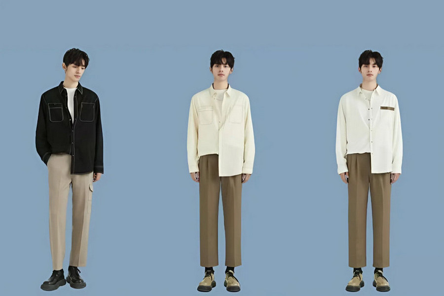 Phong cách smart casual với áo sơ mi đen phối quần be và áo sơ mi kem phối quần nâu, hoàn thiện cùng giày da thanh lịch.