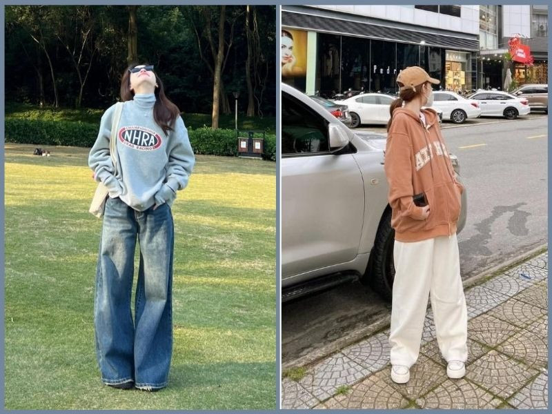 Phong cách trẻ trung khi mặc quần jean ống rộng với áo hoodie dáng lửng cho người thấp