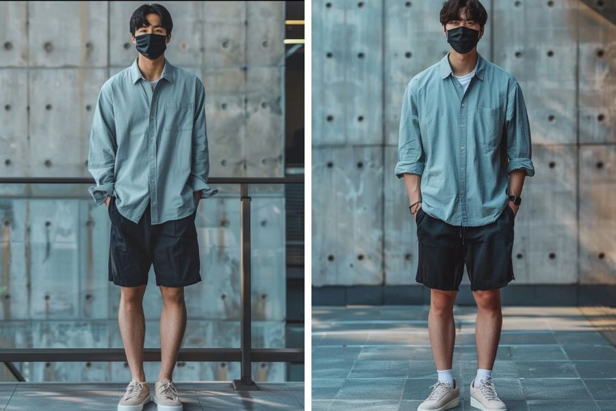 Phong cách trẻ trung, năng động cho mùa hè: áo sơ mi xanh nhạt tay dài xắn tay, phối cùng quần short trắng và giày sneaker.