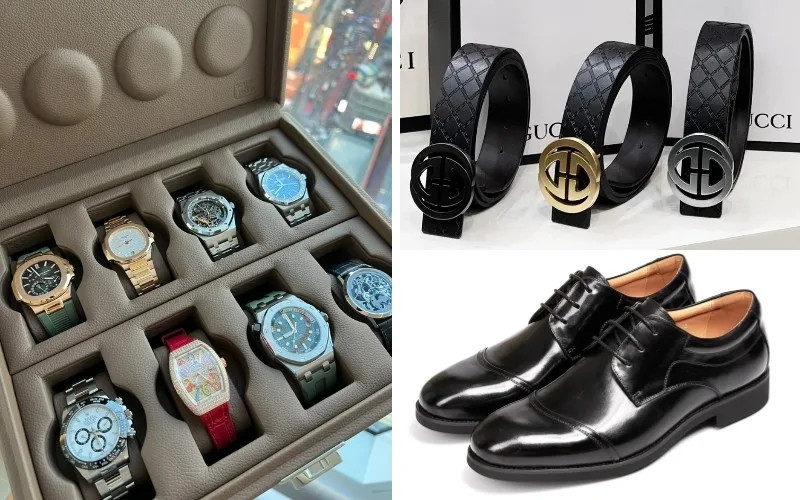 Phụ kiện đi kèm như đồng hồ, thắt lưng giúp bộ áo sơ mi quần tây nam thêm hoàn hảo