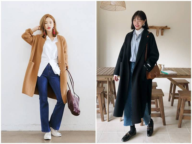 Phụ nữ mặc áo khoác dạ màu be, áo thun trắng và quần ống loe trắng, phù hợp cho người gầy