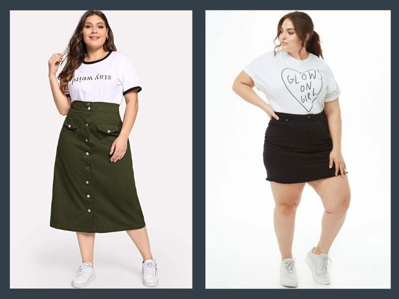 Quần áo cho người béo: Áo thun đơn giản kết hợp chân váy chữ A cạp cao giúp che bụng và tạo vẻ ngoài năng động, thanh lịch