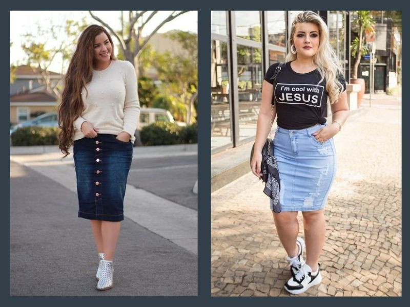 Quần áo cho người béo: Áo thun phối cùng chân váy jean dài hoặc lửng, tạo phong cách trẻ trung, cá tính và phù hợp nhiều dịp