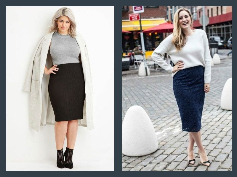 Quần áo cho người béo mùa đông: Áo len ấm áp kết hợp chân váy dáng suông màu trầm, tạo vẻ ngoài thanh lịch và che khuyết điểm vòng hông
