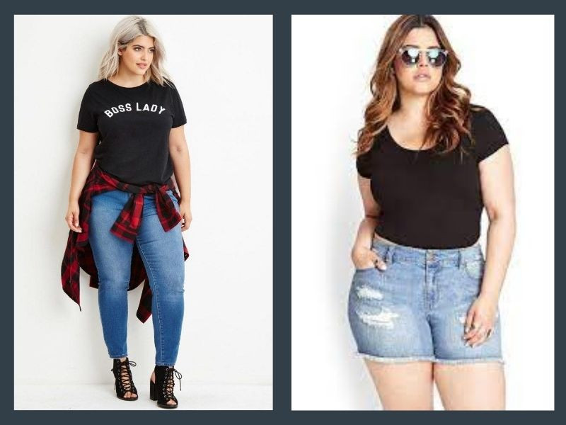 Quần áo cho người béo nữ: Áo phông đen kết hợp quần jean tối màu giúp tạo hiệu ứng thon gọn và phong cách cá tính