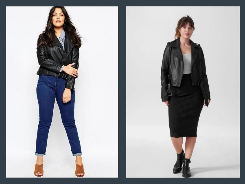 Quần áo cho người béo phong cách cá tính: Áo khoác da đen phối cùng trang phục basic, tạo vẻ ngoài mạnh mẽ và ấn tượng