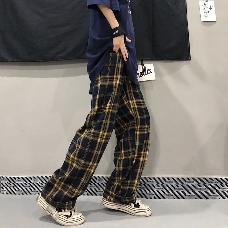 quần caro ống rộng kẻ vàng năng động