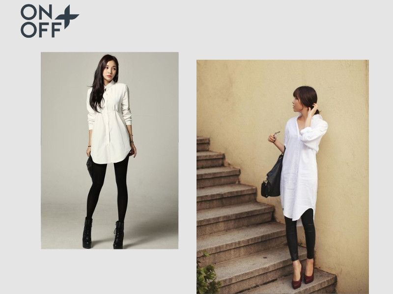 Quần legging đen ôm sát phối áo sơ mi dáng dài màu xanh denim, tạo phong cách thời trang năng động