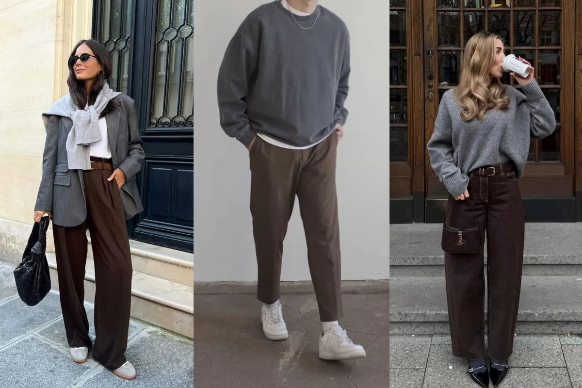 Quần ống rộng màu nâu phối cùng áo len xám cổ lọ, mang đến vẻ ngoài ấm áp, thời thượng cho tiết trời se lạnh.