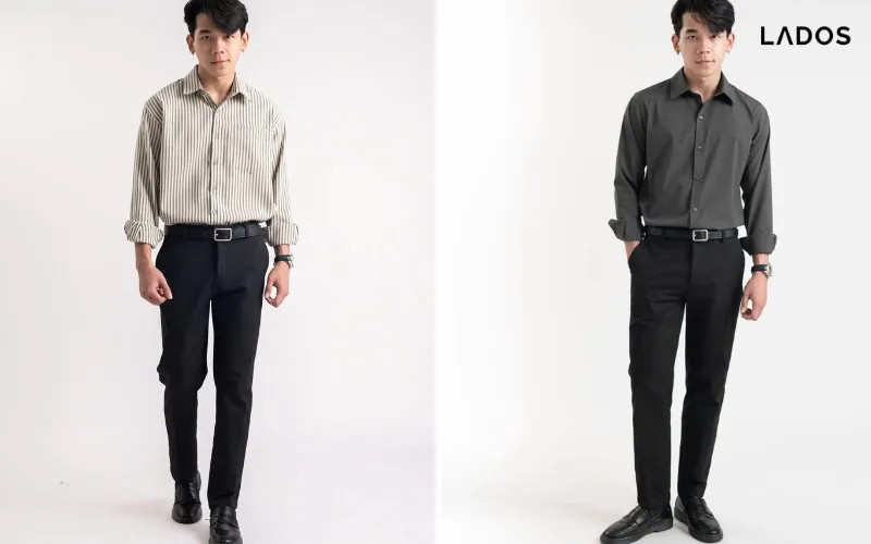 Quần tây áo sơ mi nam công sở với áo sơ mi xanh và quần âu be chuyên nghiệp