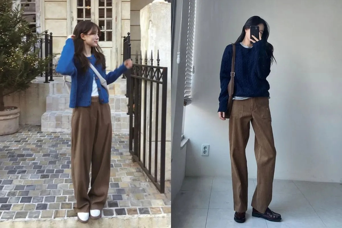 Quần tây màu nâu đất kết hợp áo sơ mi xanh dương đậm, tạo nên phong cách sang trọng và chuyên nghiệp.