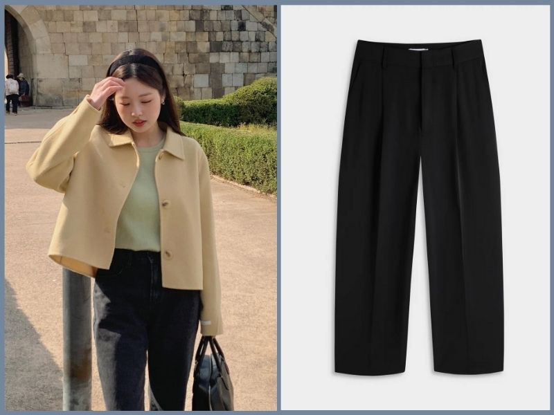 Sang trọng và cao ráo hơn khi phối quần ống rộng với áo khoác dạ dáng ngắn màu trầm