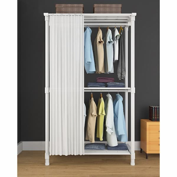 Sào quần áo 2 tầng chữ H có rèm che màu be, tích hợp kệ đựng đồ và thanh treo đa năng