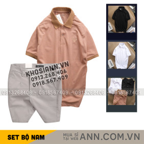 Set bộ nam áo thun polo thêu logo và quần short kaki co giãn, phong cách năng động cho shop quần áo Quảng Châu nam.