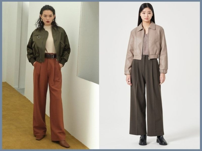 Set đồ năng động: quần ống rộng kết hợp áo khoác bomber, lý tưởng cho người cao 1m50