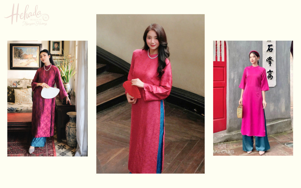 Tà áo dài hồng cánh sen dịu dàng kết hợp quần màu xanh dương thanh mát, mang đến phong cách trẻ trung, hài hòa và cuốn hút